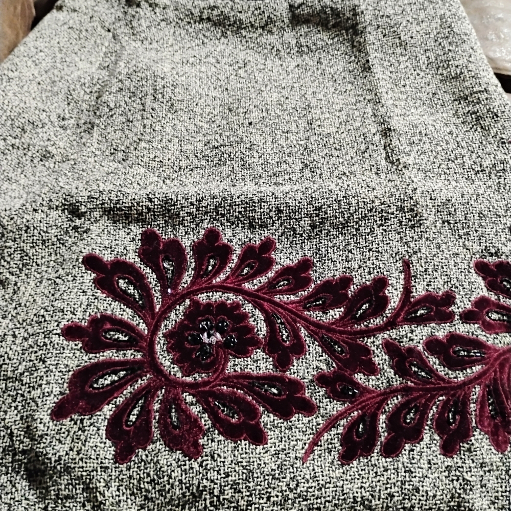 Elegant Vintage Gray and Burgundy Embroidered Skirt